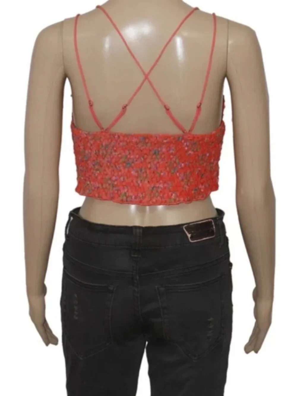 Free People Fp One Adella Bralette Printed Lace Criss Cross Smocked Crop Top S